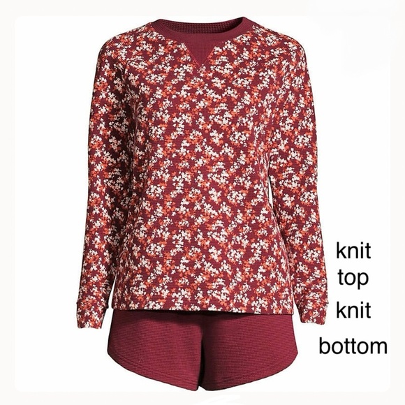 LANDSEND Wms *TALL MED Waffle Pajama Set Long Sleeve Top and Shorts 100% Cotton - Picture 1 of 4